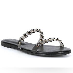 NWT Deltan Vinyl Black Rhinestones Embellished Banded Slides Sandals Size: 10